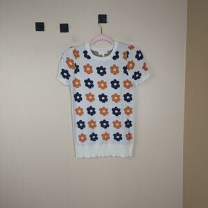 ModCloth Intarsia Sweater in Navy Retro Bloom Size M